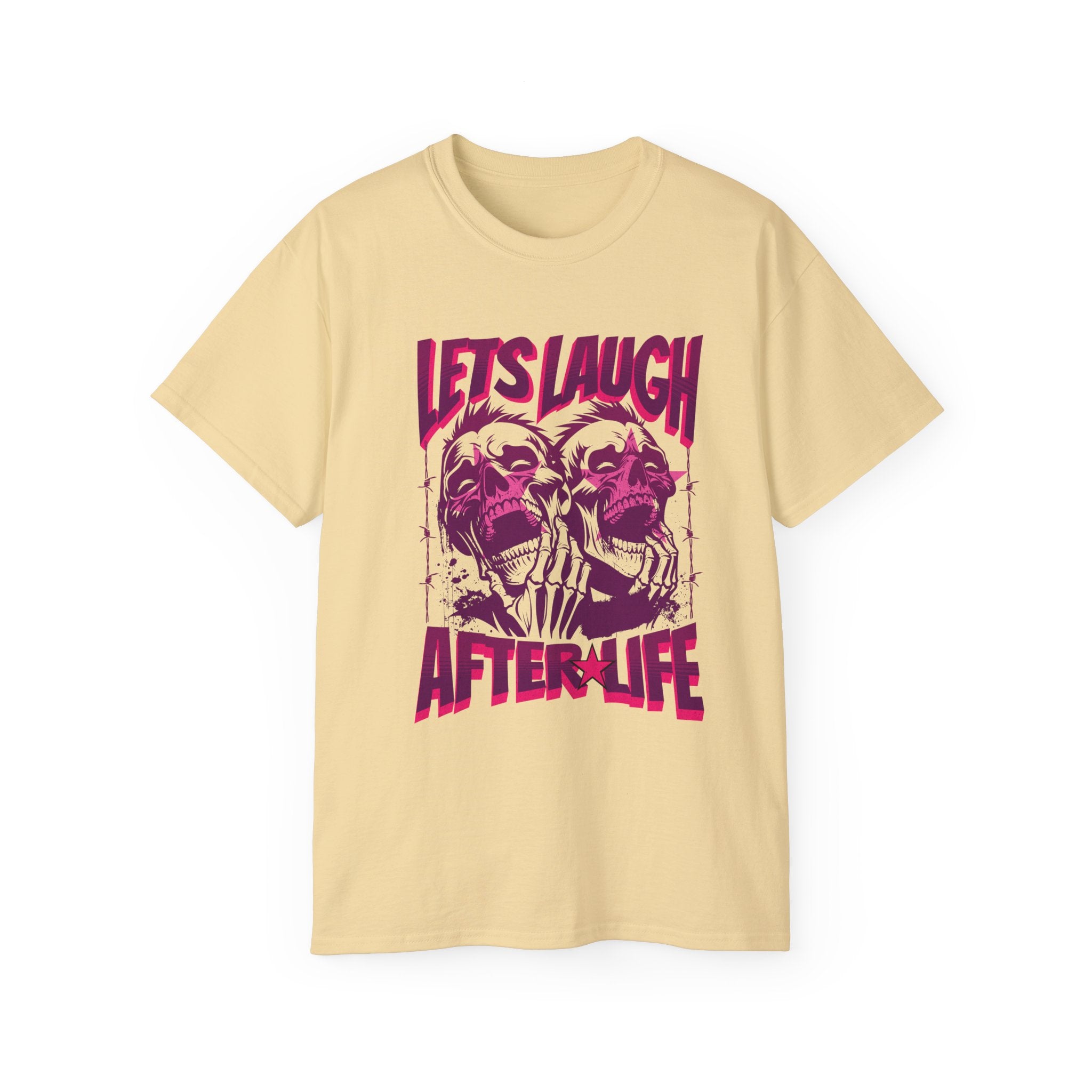 Let's Laugh After Life - Unisex Cotton Crew Tee (Front) - Damned Threads